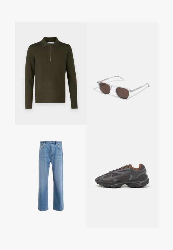 Dark green long-sleeve polo with a flat collar and a quarter zip. Made from a smooth, textured fabric, featuring minimalistic design.; Light blue denim jeans with a straight-leg design, five pockets, button closure, minimal fading, and contrasting stitching details.; Lacoste sneakers in dark gray with mesh and synthetic material, featuring a textured sole and brown accents on the collar and branding.; Clear plastic sunglasses with rectangular brown lenses, featuring thin, transparent arms and metal accents on the temples.