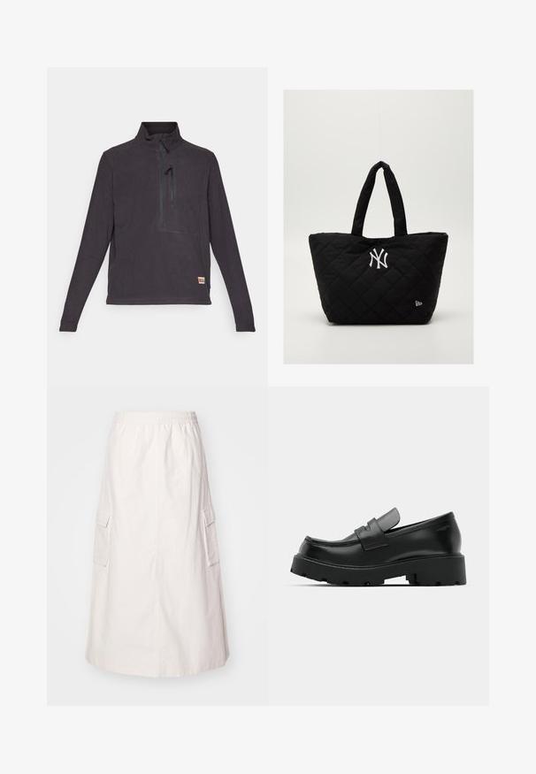Dark gray fleece pullover with a high collar, quarter zip, and a front pocket. Features a small logo patch at the lower right. Smooth texture.; Light beige, knee-length skirt with an elastic waistband. Features two side cargo pockets and a straight cut with a smooth texture.; Black leather loafers with a chunky textured sole, featuring a strap over the vamp and smooth, polished finish.; Quilted black tote bag with double handles, featuring a white New York Yankees logo and a small brand emblem on the side.