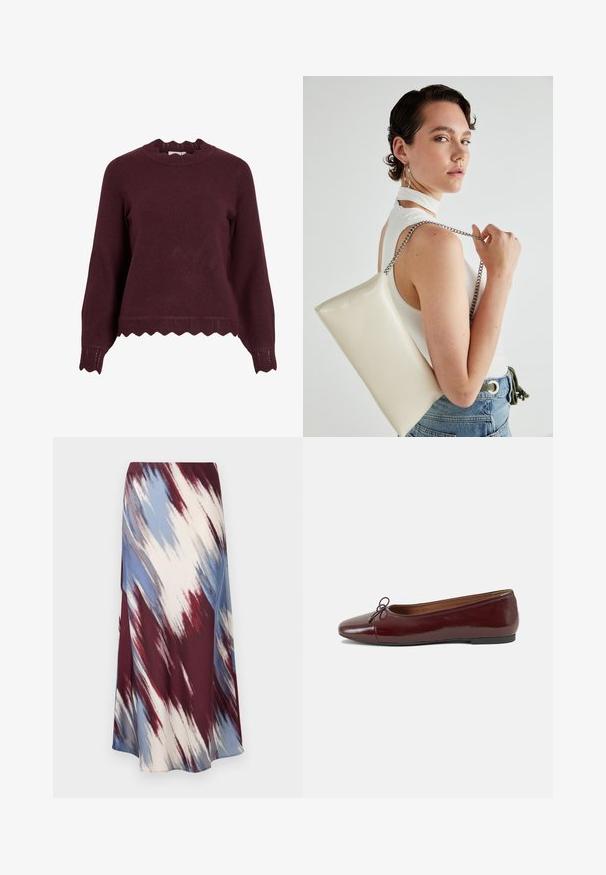Burgunderrød strikket genser med lange ermer, scalloped utringing og teksturert kant med zigzag-mønster. Mykt materiale, figursydd design.; Lang skjørt med et diagonalt tie-dye mønster i burgunder, blått og kremfarge, laget av mykt stoff med en flytende silhuett og lett glans.; Burgunderrød lakk lær ballettleilighet med rund tå, liten sløyfe foran og en lav, svart gummisåle. Glatt tekstur.; Hvit rektangulær clutch-veske laget av blankt materiale, med en sølvkjede-stropp. Modellen poserer og viser vesken mot en ensfarget bakgrunn.