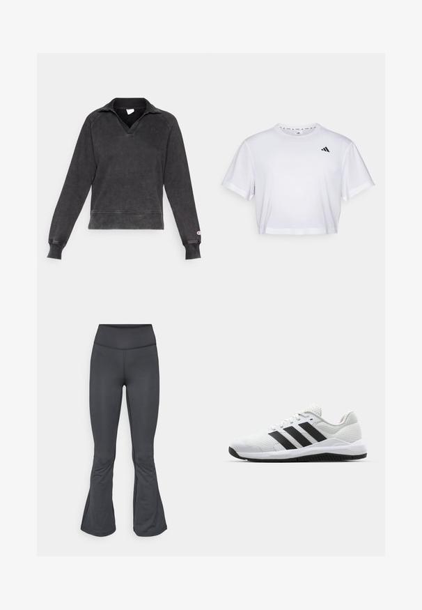Pulover majica temno siva, izdelana iz mehkega, teksturiranega blaga. Ima globok V-izrez, dolge rokave in rebraste manšete, na prsih pa je logotip.; Bela skrajšana majica iz mehkega blaga, z kratkimi rokavi in okroglim izrezom. Črn logotip na levem prsou.; Sive legice z zasukanim dnom, narejene iz gladkega, raztegljivega materiala, s högim pasom in brezšivno konstrukcijo.; Bela atletska obutev iz zračnega mrežastega materiala z črnimi tridelnimi poudarki, teksturiranim petnim delom in gumijastim podplatom za oprijem.