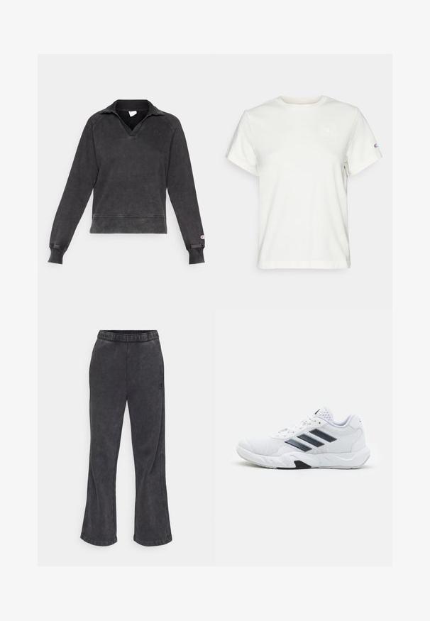 Tamsiai pilkas megztinis su švarkeliu, pagamintas iš minkštos, tekstūruotos medžiagos. Turintis gilią V formos iškirptę, ilgomis rankovėmis ir guma apibrietais riešais, o krūtinėje yra logotipas.; Balta trumpa medvilnė T-maišis su apvaliu iškirpimu ir maža logo virš kairės krūtinės pusės. Minkšta tekstūra ir standartinis pritaikymas.; Plati švarkai tamsiai pilkos spalvos audinio, su minkšta tekstūra. Su elastingu juosmeniu ir siuvinėtu logotipu šone.; Baltas sportinis batelis su tinklelio viršumi, trimis juodomis juostelėmis šone, tekstūruotais akcentais ir tvirtu guminio pado su kontrastinga juoda dalimi.