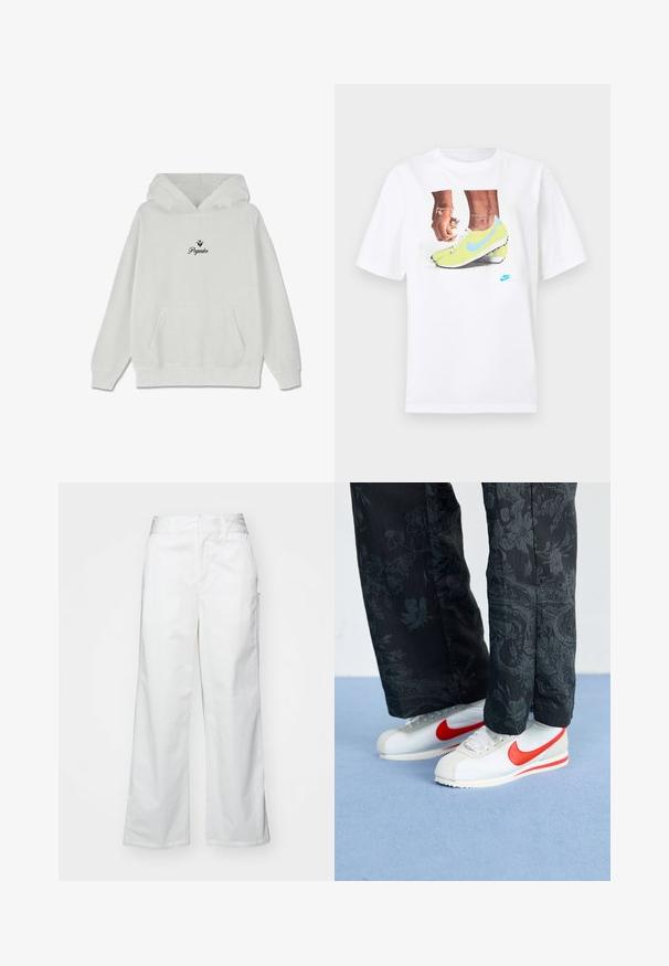 Fehér kapucnis pulóver elülső zsebbelsőzsebekkel. Minimalista fekete szöveggel rendelkezik, "Pegador" felirattal, felette dekoratív levélmintázattal. Pamut anyag.; Fehér pamut póló, amelyen sárga Nike cipőben lévő lábak grafika található kék részletekkel, bal csuklón pedig egy karkötő látható.; Fehér, bő szárú nadrág, pamutból készült, sima textúrával, egyenes szabással, elülső zsebekkel és tiszta szegéllyel.; Fehér Nike sportcipő piros részletekkel, fekete virágmintás nadrággal párosítva. Az anyag sima, lapos fonott talppal.