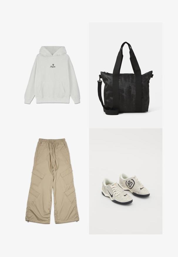 Hanorac alb cu glugă, prevăzut cu un buzunar frontal. Prezintă un text minimalist de culoare neagră "Pegador" cu un design decorativ de frunze deasupra. Material din bumbac.; Pantaloni cargo bej cu talie ajustabilă, multiple buzunare laterale și croială relaxată. Fabricati dintr-un material ușor, neted, cu detalii de cusătură.; Tenisi Nike cu o partea superioară texturată bej și gri, accente negre, un logo mare „90” și o închidere cu șireturi albe. Talpă neagră.; Geantă neagră tip tote, din țesătură texturată, cu două mânere superioare și un curea de umăr detașabilă. Dispune de o închidere cu fermoar pentru o stocare sigură.