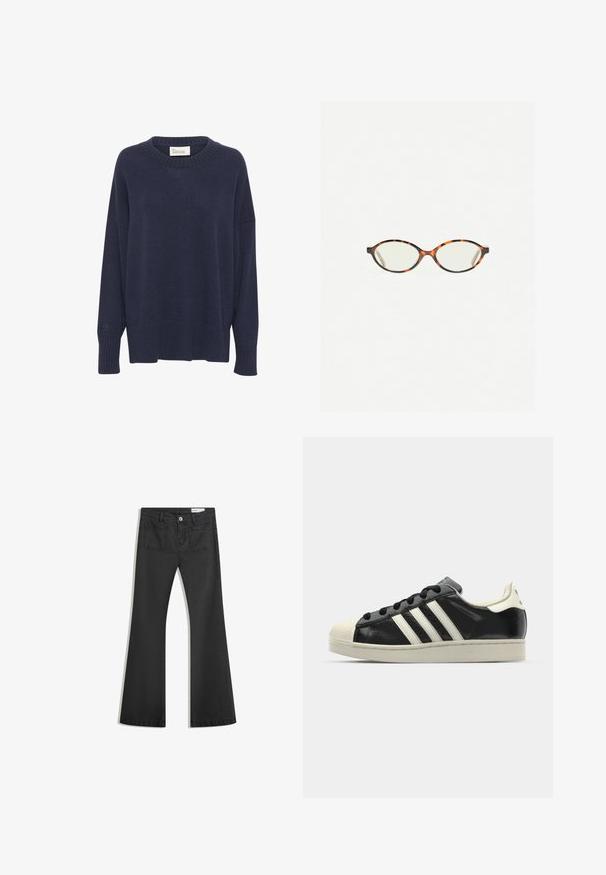 Navyblauer Strickpullover mit Rundhalsausschnitt, überschnittenen Schultern und geripptem Saum. Ausgestattet mit einem kleinen Logo am linken Ärmel. Weicher Stoff.; Schwarze Schlagjeans aus Denim mit glatter Textur, ausgestattet mit zwei Gesäßtaschen und einem Knopfverschluss an der Taille.; Schwarze Ledersneaker mit weißen Streifen, Gummikappe, schwarzen Schnürsenkeln und einer cremefarbenen Sohle. Glatte Textur mit glänzender Oberfläche.; Schildpatt-Eyegläser mit ovalen Gläsern und einer eleganten, glatten Oberfläche. Mit dünnen Seiten und einer subtilen Kurve an den Schläfen. Klare Gläser.