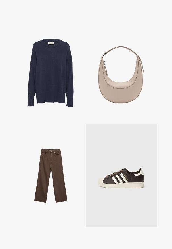Pull en tricot bleu marine avec col rond, épaules tombantes et ourlet à côtes. Présente un petit logo sur la manche gauche. Texture douce.; Jean brown à jambes larges en denim, doté d'une taille haute, de poches avant et d'une fermeture à bouton classique. Texture lisse avec des coutures subtiles.; Baskets basses Adidas Superstar en cuir marron foncé avec embout coquille crème, bandes blanches et texte "Superstar" sur le côté.; Sac à épaule en cuir beige de forme croissante, texture lisse, avec une seule poignée courbée. Il possède une fermeture zippée et des coutures soignées.