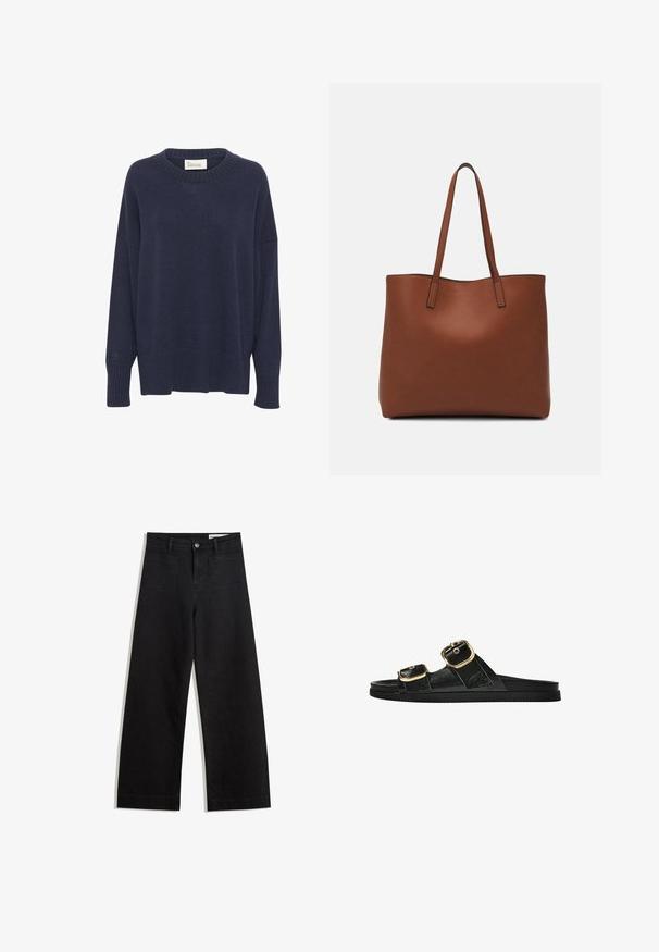 Navyblauer Strickpullover mit Rundhalsausschnitt, überschnittenen Schultern und geripptem Saum. Ausgestattet mit einem kleinen Logo am linken Ärmel. Weicher Stoff.; Schwarze weit geschnittene Jeans mit hoher Taille, ausgestattet mit Vorder- und Hintertaschen, gesteppten Nähten und einem Knopfverschluss. Glatte Textur.; Schwarze Riemensandale mit zwei goldenen Schnallendetails, glattem Material, flachem Sohlen und minimalistischer Gestaltung.; Braune Leder-Tote mit glatter Textur, offenem Oberteil und zwei Schulterriemen. Verfügt über minimale Nähte und keine sichtbaren Beschläge.