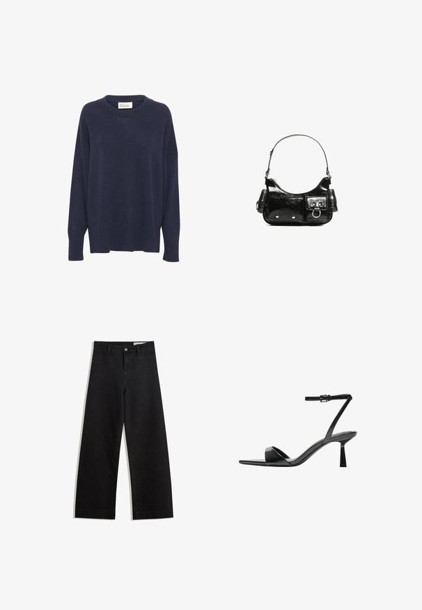 Tummansininen neulepaita, jossa on pyöreä kaula-aukko, laskeutuvat olkapäät ja ribattu helma. Vasemmassa hihassa on pieni logo. Pehmeä rakenne.; Mustat leveät farkut korkealla vyötäröllä, joissa on etu- ja takataskut, ommellut saumat ja nappisuljenta. Silkinoinen rakenne.; Bershka Korolliset sandaalit - black; Mustekko mustasta kiiltonahasta valmistettu käsilaukku, jossa on kaareva muoto, yksi olkahihna, etutaskut ja hopeanväriset yksityiskohdat.