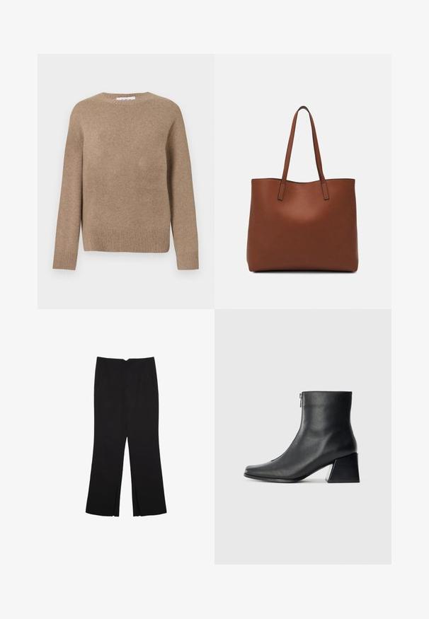 Brauner Wollpullover mit rundem Ausschnitt, langen Ärmeln und geripptem Saum. Glatte Textur, schlichtes Design, keine sichtbaren Muster oder Akzente.; Schwarze Hose mit geradem Schnitt, ausgestattet mit Fronttaschen und Seitenschlitzen am Saum. Hergestellt aus weichem, glattem Stoff. Geeignet für verschiedene Anlässe.; Schwarze Lederstiefelette mit quadrater Zehenform, seitlichem Reißverschluss und Blockabsatz vor einem schlichten hellen Hintergrund.; Braune Leder-Tote mit glatter Textur, offenem Oberteil und zwei Schulterriemen. Verfügt über minimale Nähte und keine sichtbaren Beschläge.