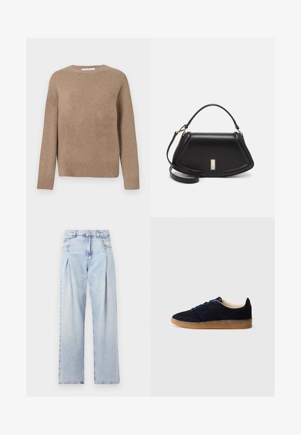 Pruun villane sviiter ümmarguse kaeluse, pika varrukaga ja soonikkraega. Sile tekstuur, põhikujundus, mingeid nähtavaid mustreid või aktsente pole.; Heledad sinise denimist valmistatud teksapüksid kõrge vöökohaga, laia jala lõikega, kahe külje taskuga ja pleedi disainiga. Pehme tekstuur ja pleekinud viimistlus.; Tumesinised seemisnahast spordijalatsid kummist tallaga, siniste paeltega ja minimalistliku disainiga. Küljel on reljeefne logo ja sees on sile vooder.; Must mustrist käekott, millel on struktureeritud disain, lühendatud kuju, ülemine käepide ja kuldne metallist detail. Reguleeritav õlalihm on kaasas.