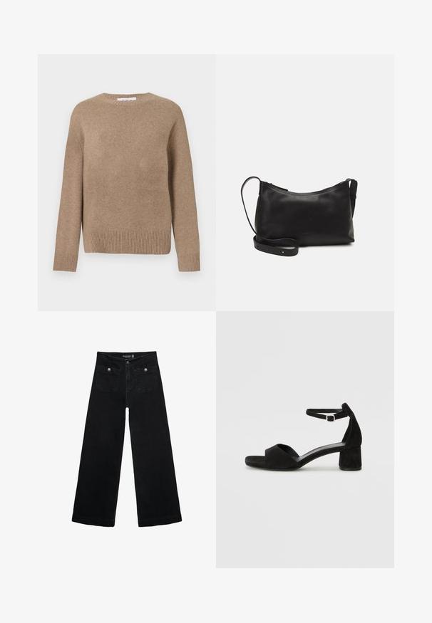 Smeđi vuneni pulover s okruglim izrezom, dugim rukavima i rebrastim rubom. Glatka tekstura, osnovni dizajn, bez vidljivih uzoraka ili naglaska.; Crne široke traperice s visokim strukom, koje imaju dva prednja džepa i metalne gumbe kao ukrase. Tkanina ima glatku teksturu.; Crne zamšaste sandale s potpeticom s tankim remenom za gležanj, otvorenim nožnim prstima i umjerenom blok petom. Glatka tekstura i minimalni detalji.; Crna kožna torba na rame s glatkom teksturom, zakrivljenim oblikom, podesivim remenom i zatvaranjem na patentni zatvarač. Minimalistički dizajn bez ukrasa.