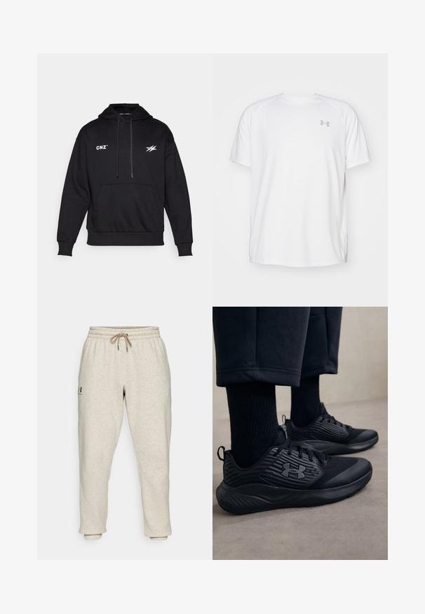 Črna kapuca iz mehkega blaga ima sprednjo žep, kapuco z vrvico in natisnjene bele logotipe na prsih in rokavu.; Bela kratka športna majica s kratkimi rokavi, izdelana iz gladkega blaga. Ima okroglo ovratnico in sivo logotip na levi prsi ter stranske razpoke na robu.; Beige trenirke iz mehkega, teksturiranega materiala z elastičnim pasom in vrvico za zategovanje. Imajo stranski logo in zožene gležnje za sproščen fit.; Oseba nosi črne atletske superge z teksturirano stranjo in logotipom, v kombinaciji s črnimi nogavicami in skrajšanimi hlačami na svetli podlagi.