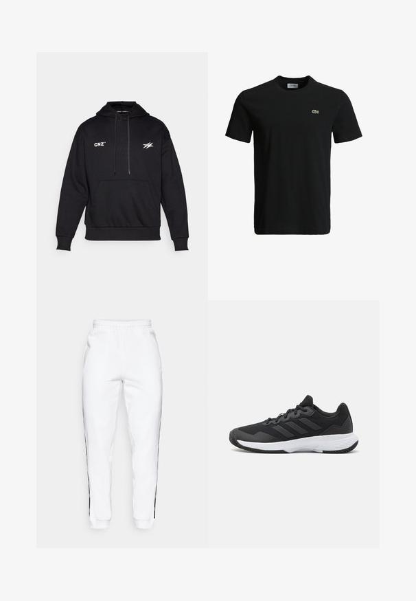 Felpa nera con cappuccio realizzata in tessuto morbido, presenta una tasca frontale, cappuccio con cordino e accenti del logo bianco stampati sul petto e sulla manica.; T-shirt in cotone nero con colletto rotondo, maniche corte e un piccolo logo di coccodrillo verde sul lato sinistro del petto. Texture liscia, design casual.; Pantaloni della tuta bianchi con cintura elastica, caratterizzati da strisce laterali nere e polsini. Realizzati in tessuto morbido con una texture liscia.; Scarpa da ginnastica nera con parte superiore texturizzata, tre strisce orizzontali e una suola bianca con battistrada a motivo. Design leggero e aerodinamico.