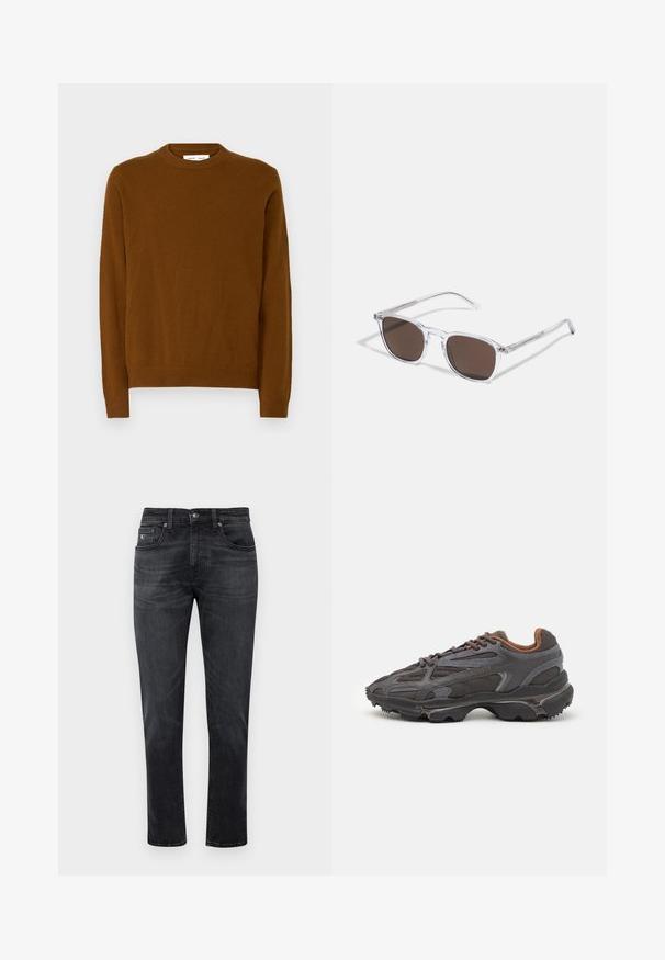 Ruskea neulepaita, jossa on pyöreä pääntie, pitkät hihat, ja joustavat hihansuut sekä helma. Pehmeä rakenne ja sileä pinta.; Mustat farkut suoran lahkeen leikkauksella, joissa on viisi taskua ja vetoketjukiinnitys. Hienovarainen haalistuminen ja ompeluyksityiskohdat taskuissa.; Lacoste-tennar i mörkgrått med nät- och syntetmaterial, med en texturerad sula och bruna accenter på kragen och märket.; Aurinkolasit, joissa on kirkas muovikehys ja suorakulmaiset ruskeat linssit, ohuilla läpinäkyvillä varsilla ja metallikosketuksilla temppeleissä.