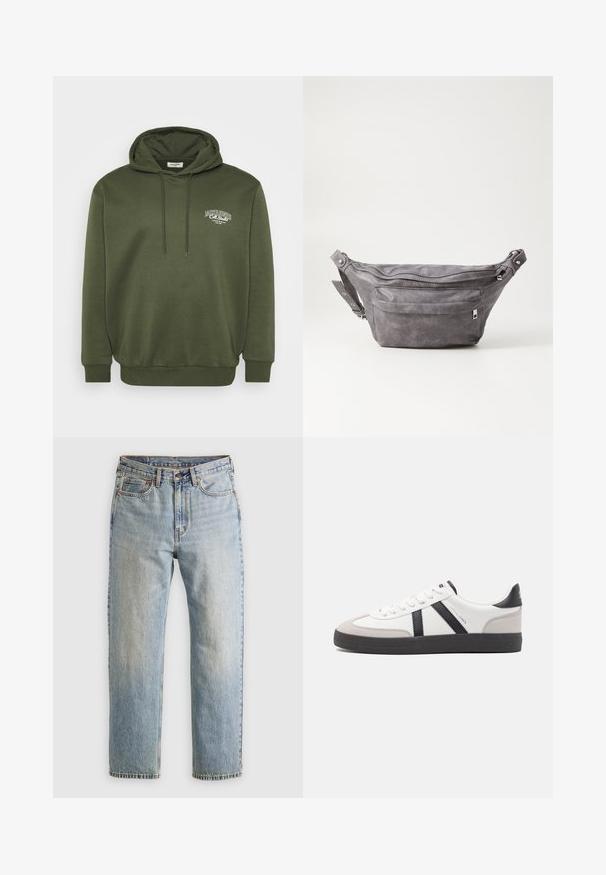 Olivno zelena kapuca iz mešanice bombaža, z sprednjim kenguru žepom, kapuco z vrvico in belim vezenjem logotipa na prsih.; Svetlo modri džins hlače z visokim pasom, sprednjim gumbom, zadrgo in petimi žepi, laid flat na nevtralni podlagi.; Bela športna obutev z črnimi in sivo akcenti, z teksturirano sivo kapico za prste, črnim gumijastim podplatom in ravnimi belimi vezalkami. Čista zasnova, minimalistični slog.; Sivkasta zamšasta torbica s okroglo obliko, dvema žepoma na zadrgo in nastavljivim trakom. Ima kovinske dodatke.
