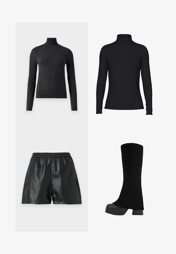 Temno siva pulover s turtleneck iz rebraste tkanine, dolgi rokavi in prilegajoča zasnova, ki vključuje visok ovratnik in pas.; Črn turtleneck top, dolgi rokavi, izdelan iz gladkega materiala. Ima prilegajoč obliko z visokim ovratnikom in minimalnimi šivnimi detajli.; Črne umetne usnjene hlače s elastičnim pasom, ki imajo gladko teksturo in ohlapen kroj. Brez vidnih vzorcev ali okrasnih elementov.; Črne škornje do kolen z raščlenjeno zgornjo plastjo iz blaga, debelim platformskim podplatom in blok peto, ki ima gladko teksturo in eleganten, sodoben dizajn.