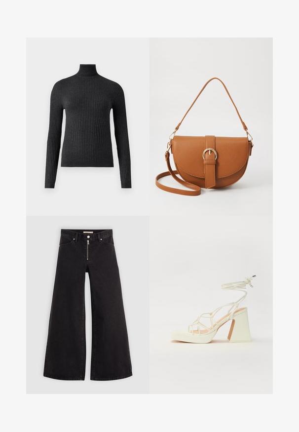 Tamsiai pilkas golfas iš glamžyto audinio, su ilgomis rankovėmis ir prigludusia konstrukcija. Jame yra aukšta apykaklė ir juosmuo.; Plačios kojų džinsai iš juodo džinsinio audinio su užtrauktuku priekyje, penkių kišenių dizainu ir subtiliais siuvinėjimo akcentais. Lygus paviršius ir laisvalaikio stilius.; Balti aukštakulniai sandalai su masyviu kulnu, su dirželių dizainu ir kulkšnies raiščiu. Lygi tekstūra su platforma priekyje, suteikianti papildomą aukštį.; Ruda odinė kryžminė rankinė, turinti kreivą formą, auksinius metalinius elementus ir sagtį. Yra nuimama petneša.