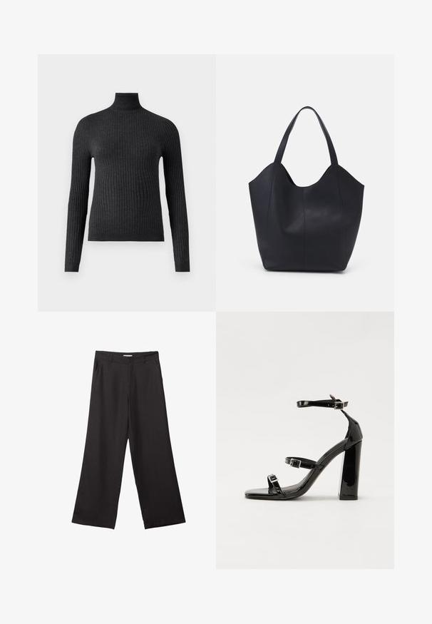 Tamno sivi džemper s rol kragnom izrađen od rebrastog materijala, s dugim rukavima i prilagođenim krojem, s visokim izrezom i pojasom.; Crne hlače širokog kroja izrađene od glatkog materijala, s prednjim patentnim zatvaračem i dva bočna džepa, s prilagođenim fitom i minimalističkim dizajnom.; Crne lakirane sandale na pete sa kvadratnim nosom, trakama oko gležnja i srebrnim kopčama. Imaju čvrst blok petu za stabilnost.; Crna torba od glatke kože, s zakrivljenim otvorenim vrhom, dva remena za rame i minimalističkim dizajnom.
