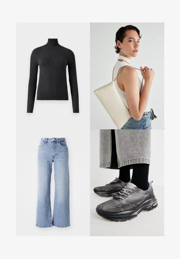 Maglione grigio scuro a collo alto realizzato in tessuto a costine, con maniche lunghe e una vestibilità aderente, caratterizzato da un alto collo e una vita.; Jeans azzurri chiari a vita alta e gamba larga, con tasche anteriori e posteriori, chiusura con bottone e leggera scoloritura sulle cosce e sui orli.; Le scarpe da ginnastica nere e grigie presentano una tomaia in rete, suole spesse e lacci. Hanno una punta arrotondata e un dettaglio di ammortizzazione visibile.; Borsa a pochette rettangolare bianca realizzata in materiale lucido, con una tracolla in catena argentata. Il modello posa, mostrando la borsa su uno sfondo semplice.