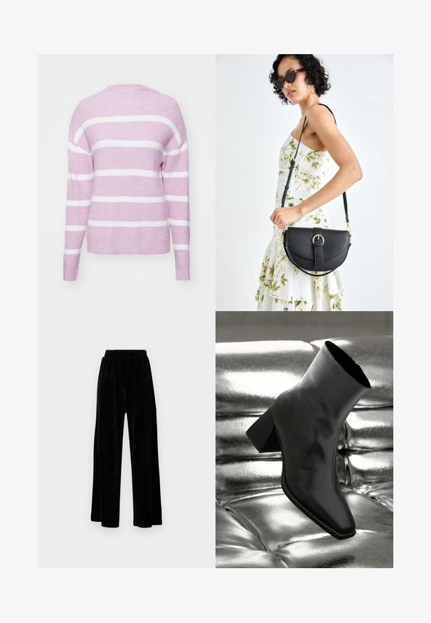 Rožinė megzta suknelė su baltomis horizontaliomis juostelėmis, apykaklė, laisvas kirpimas ir ilgomis rankovėmis. Minkšta tekstūra ir gipiūras apatine dalimi bei rankogaliais.; Juoda plataus kirpimo kelnių pora, pagaminta iš minkštos velveto medžiagos, su elastingu juosmeniu ir glotnia tekstūra, be matomų detalių ar raštų.; Juodos kulkšnies botai, pagaminti iš blizgaus medžiagos, su kvadratine padu ir siauru kulnu, prieš blizgiai sidabrinį pūsto audinio foną.; Juodas odinis krepšys su išlenkta forma, nuimamu dirželiu ir auksiniais detalėmis. Krepšys turi kilpą su sagtimi.