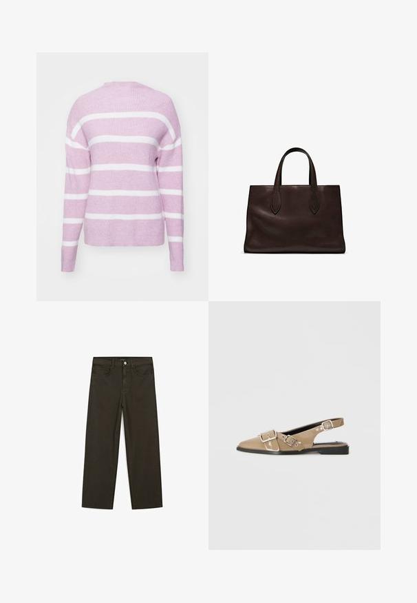 Růžový pletený svetr s bílými vodorovnými pruhy, kulatým výstřihem, volným střihem a dlouhými rukávy. Měkká textura a žebrovaný detail na lemu a manžetách.; Tmavě zelené široké džínsy vyrobené z bavlněné směsi, s předním zapínáním na knoflík, pěti kapsami a klasickým denimovým stehem.; Béžové lakované nazouváky s špičatou špičkou, dvěma nastavitelnými přezkami a nízkým černým podpatkem. Hladký povrch s lesklým finišem.; Hnědá kožená taška přes rameno s dvěma dlouhými uchy, strukturální obdélníkový tvar, hladká textura a jemné švy.
