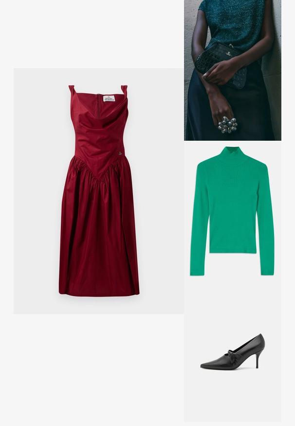 Vihreä poolopaita, joka on valmistettu ribbikankaasta, pitkähihaiset, ja siinä on hienovaraiset sivuompelut yksinkertaisen, istuvan ilmeen saavuttamiseksi.; Viininpunainen mekko, jossa on istuva yläosa ja kerätty hame. Varustettu olkaimettomilla hartioilla, takana vetoketjulla ja koristeellisella kirjontayksityiskohdalla.; GIABORGHINI ARTEMIS - Avokkaat - black; Musta krokotiilihäntäinen penaali, jossa on hopeiset yksityiskohdat, pidetään teksturoitua harmaata taustaa vasten. Pintamateriaali kiiltävä.