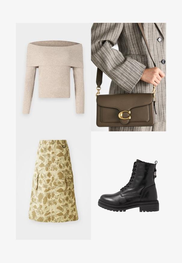 Beige off-the-shoulder ribbed knit sweater with long sleeves and a fitted bodice, featuring a wide, folded neckline and textured fabric.; Khaki skirt featuring a camouflage pattern, made of a smooth material, with an elastic waistband and two side pockets.; Black leather ankle boot with round toe, lace-up front, and textured rubber sole. Features a pull tab at the back and reinforced stitching.; COACH TABBY SHOULDER BAG 26 - Handbag - dark stone; Gold-colored earrings with a smooth, rounded shape featuring a reflective surface and a post back for secure wear.