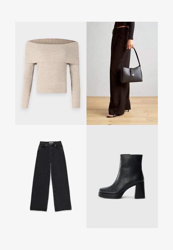 Beige off-the-shoulder ribberi kootud sviiter, millel on pikad varrukad ja vormitud kehaosa, laia volditud kaeluse ja tekstuuriga kangaga.; Mustad laiad teksapüksid, mis on valmistatud denimist, kõrge vöökoht, kaks esikotti ning nööp- ja tõmbluku sulgemine.; Must musta ankle boot, milleplokk-konts ja platvormi tallaga, vaadatud küljelt ühetoonilise valge tausta peal.; Must musta kott, millel on struktureeritud kuju, sile tekstuur ja metallist klamber. Kombineeritud laiate mustade pükstega ja avatud varvaste sandaalidega puidust põrandal.