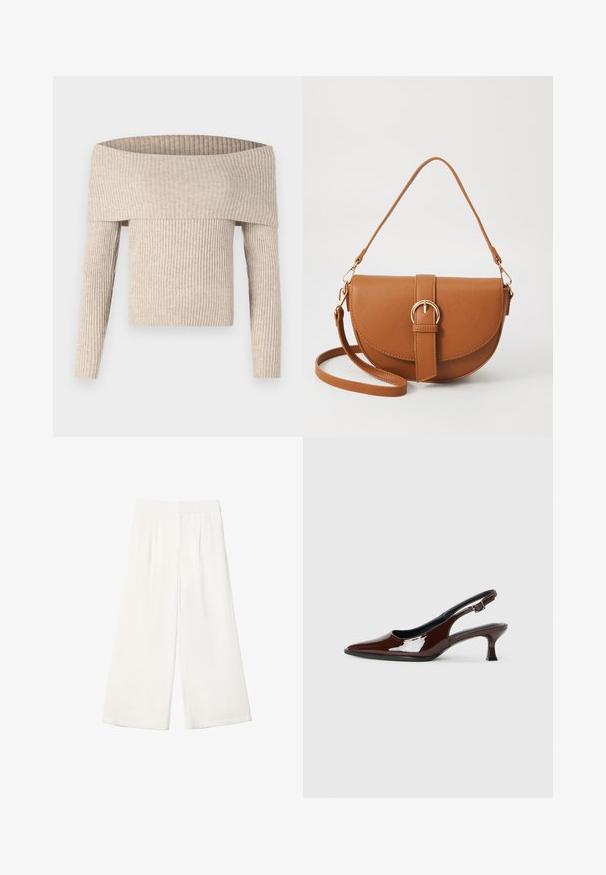 Maglione a costine beige fuori spalle con maniche lunghe e corpetto aderente, caratterizzato da un ampio colletto pieghettato e un tessuto testurizzato.; Pantaloni bianchi a gamba larga realizzati in un tessuto liscio. Presentano una vita piatta e pieghe verticali per un tocco di dettaglio in più.; Scarpa slingback in pelle verniciata marrone con punta affusolata e tacco moderato. Presenta una fascia con fibbia per una calzata sicura. Tessuto liscio.; Borsa a tracolla in pelle marrone con forma curvata, hardware dorato e un dettaglio con fibbia. Presenta una tracolla rimovibile.