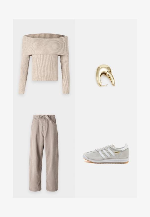Beige, schulterfreier, gerippter Strickpullover mit langen Ärmeln und tailliertem Oberteil, ausgestattet mit einem breiten, umgeschlagenen Halsausschnitt und strukturierter Stoffoberfläche.; Beige Cordhosen mit lockerer Passform, ausgestattet mit einem Kordelzugbund, zwei Fronttaschen und vertikal geripptem Muster.; Hellgraue Sneaker aus Wildleder und Mesh, mit drei weißen Streifen, runder Zehenpartie und einer Sohle aus Gummi. Goldenes Logo-Detail nahe der Schnürsenkel.; Ohrringe aus goldfarbenem Metall mit einem schlanken, geschwungenen Design. Sie verfügen über eine markante, spitze Form, eine polierte Oberfläche und einen Scharnierverschluss.
