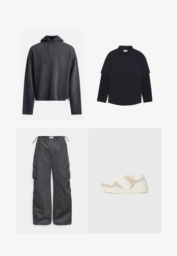 Sudadera corta negra hecha de una tela suave y texturizada. Presenta una capucha con cordón, mangas largas y costuras visibles a lo largo de los bordes.; Camisa de botón de color azul oscuro con cuello extendido, mangas cortas con una capa inferior extendida y cinco botones en la parte delantera. Tejido suave con una textura sutil.; Pantalones cargo grises con una tela texturizada, cinturilla elástica, cordón y detalles en los bolsillos laterales. Ajuste holgado con piernas anchas.; Zapatilla blanca y beige que combina texturas lisas y de ante, puntera redonda, cierre de cordones y suela de goma plana.
