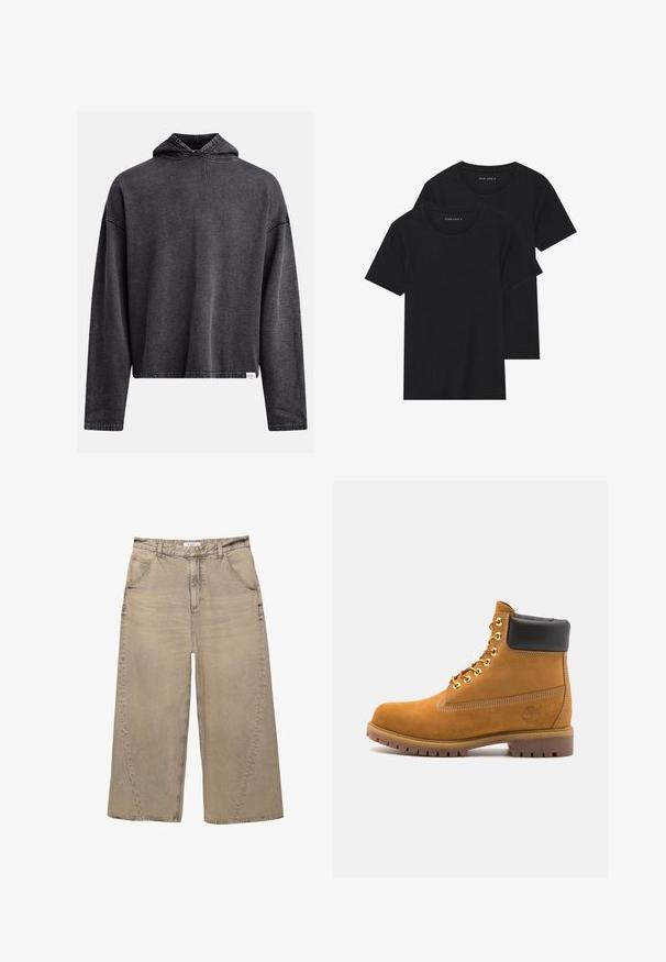 Zwarte cropped hoodie gemaakt van zachte, textuurstof. Voorzien van een trekkoordkap, lange mouwen en zichtbare stiksels langs de randen.; Twee zwarte katoenen t-shirts met korte mouwen, ronde halslijnen en een gladde textuur, gepresenteerd op elkaar gestapeld.; PULL&BEAR MEGA BAGGY - Baggy jeans - light grey; Tan suède enkelboot met zwart gevoerd kraagje, gouden metalen oogjes, witte stikdetails en een robuuste rubberen zool met uitgesproken profiel.