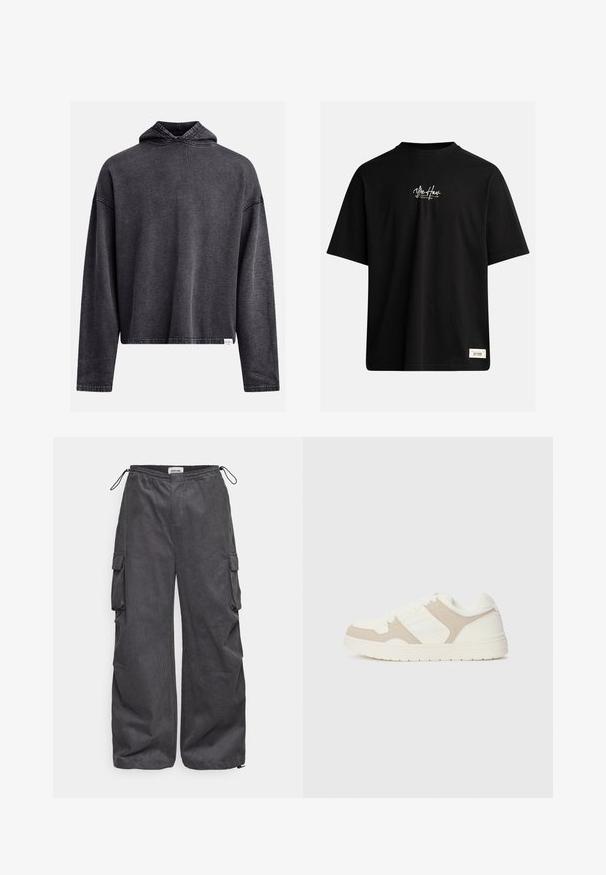 Felpa nera cropped realizzata in un morbido tessuto texturizzato. Presenta un cappuccio con cordoncino, maniche lunghe e cuciture a vista lungo i bordi.; T-shirt nera a maniche corte in cotone. Presenta un piccolo logo bianco sul petto e un'etichetta rettangolare in basso a destra.; Pantaloni cargo grigi con un tessuto texturizzato, vita elastica, cordino e dettagli con tasche laterali. Vestibilità ampia con gambe larghe.; Sneaker bianca e beige caratterizzata da una combinazione di texture liscia e scamosciata, punta rotonda, chiusura con lacci e suola in gomma piatta.