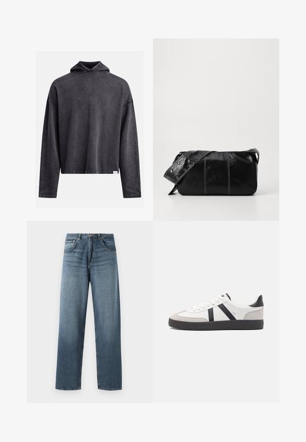 Schwarze, kurzgeschnittene Kapuzenjacke aus weichem, strukturiertem Stoff. Mit einer verstellbaren Kapuze, langen Ärmeln und sichtbaren Nähten entlang der Kanten.; Gerade geschnittene blaue Jeans aus Denim mit gewaschenem Finish, ausgestattet mit einem Fünf-Taschen-Design, Metallknopf und Gürtelschlaufen. Robustes, mittelschweres Material.; Weiße Sneaker mit schwarz- und grau-aczenten, ausgestattet mit einer strukturierten grauen Zehenkappe, schwarzer Gummi-Sohle und flachen weißen Schnürsenkeln. Sauberes Design, minimalistische Stil.; Schwarze Leder Schultertasche mit Reißverschluss, ausgestattet mit einer strukturierten Oberfläche, weißen Nähten und einem Tragegurt mit silbernen Ösen.