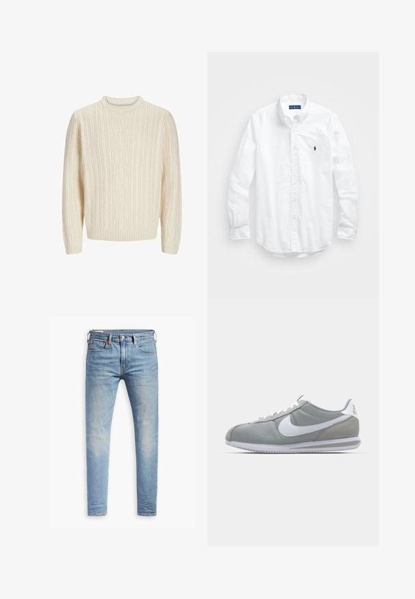 Kremna pletena jopica z teksturiranim rebrastim vzorcem, okroglo ovratnikom ter rebrastimi manšeti in robom. Mehak, debel material.; Bela dolg rokav srajca s gumbi iz bombaža. Ima klasičen ovratnik, gumbnice na zapestjih in majhen temno moder vezen logotip na prsih.; Svetlo modri oprijeti džins s blagim bledenjem na stegnenicah, sprednji gumbasti zapenjač, zanke za pas in pet žepov na belem ozadju.; Sive tenisice za šport z zgornjim delom iz semiša in tekstila, belim Nike swooshom in belimi vezalkami. Imajo strukturirano gumijasto podplat in oblazinjen ovratnik.