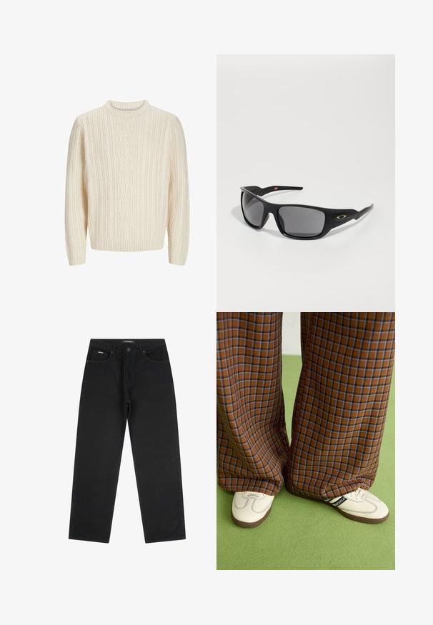 Kermankarya neulepusero, jossa on teksturoitu ribbi-kuvio, pyöreä kaula-aukko sekä ribbaus hihansuissa ja helmassa. Pehmeä, paksu kangas.; Mustat suorat farkut, joissa on etupainike ja vetoketju, vyölenkit ja viisi taskua, aseteltuna litteäksi valkoista taustaa vasten.; Ruskonsin ja sininen ruutukuvioinen leveälahkeinen housut yhdistettynä valkoisiin kenkiin, joissa on mustia yksityiskohtia ja tekstuuripohjat, vihreää taustaa vasten.; Mustat aurinkolasit, joissa on suorakulmainen muoto, valmistettu kestävästä muovista, harmailla tummennetuilla linsseillä ja kultaisella yksityiskohdalla sivussa.