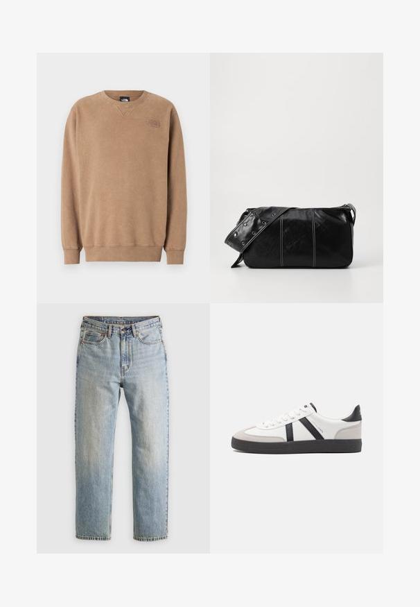 Brauner Rundhalsausschnitt-Sweatshirt aus weichem Stoff. Mit gerippten Bündchen und Saum, sowie einem kleinen Logopatch auf der Brust. Glatte Textur.; Helle blaue Jeans mit hoher Taille, Frontknopf, Reißverschluss und fünf Taschen-Design, flach auf einem neutralen Hintergrund ausgelegt.; Weiße Sneaker mit schwarz- und grau-aczenten, ausgestattet mit einer strukturierten grauen Zehenkappe, schwarzer Gummi-Sohle und flachen weißen Schnürsenkeln. Sauberes Design, minimalistische Stil.; Schwarze Leder Schultertasche mit Reißverschluss, ausgestattet mit einer strukturierten Oberfläche, weißen Nähten und einem Tragegurt mit silbernen Ösen.