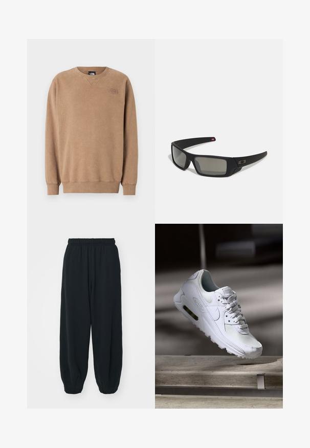 Brun genser med rund hals laget av myk stoff. Har ribbestrikkede mansjetter og kant, med et lite logo-patch på brystet. Jevn tekstur.; Sorte, joggebukser med elastisk liv, løs passform, mansjetter på ankler, glatt tekstur og uten synlige mønstre eller hardware-detaljer.; Hvit Nike Air Max 90 sneakers med øvre del laget av mesh og skinn, perforert tåboks og en synlig luftenhet i hælen.; Sorte solbriller med mat finish, rektangulære linser, lett kurv på brillestengene, diskret logo detaljer, og røyktinted linser.