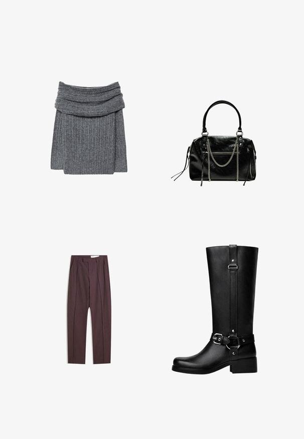 Grauer gerippter Pullover mit einem breiten, gefalteten Kragen und einer gemütlichen Textur. Das Design ist einfach und minimalistisch, ohne sichtbares Branding.; Lila gestreifte Hose mit Falten, hoher Taille und geradem Bein. Hergestellt aus einem glatten, strukturierten Stoff.; Hohe schwarze Kunstlederstiefel mit einer abgerundeten Zehe, einem Akzentgürtel-Schnallen-Detail und einem stabilen Absatz. Glatte Textur und vertikale Naht am Schaft.; Bershka WITH CHAIN - Handtasche - black