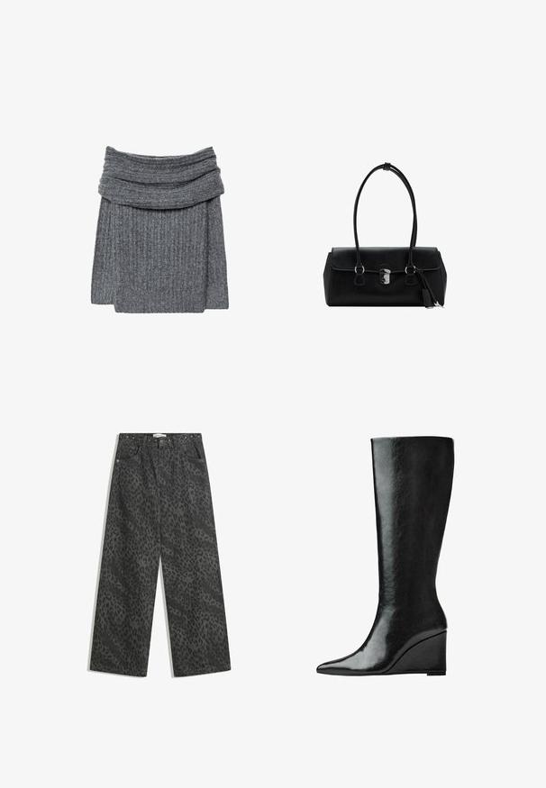 Maglione grigio a costine con un ampio colletto ripiegato e una texture accogliente. Il design è semplice e minimalista, senza alcun marchio visibile.; Pantaloni in denim neri a gamba larga con un sottile motivo leopardato, dettagli in borchie metalliche sulla cintura e il classico design a cinque tasche.; Stivali in pelle nera alti fino al ginocchio, con punta affilata e tacco a zeppa. La superficie è liscia con una finitura lucida.; Borsa a mano in pelle nera con una texture liscia, design strutturato, doppi manici e un dettaglio clasp in argento al centro.