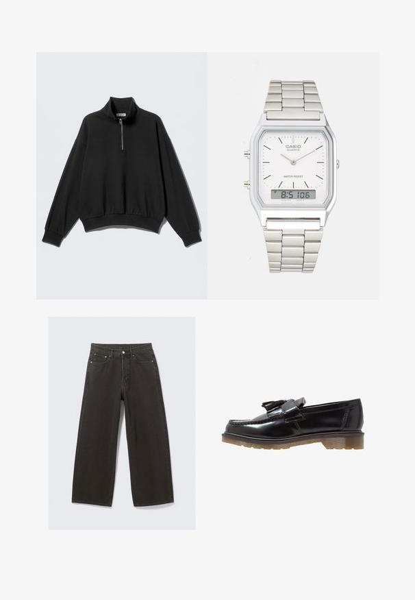 Sweatshirt preta com gola alta e fecho de meio zíper. Feita em tecido macio, apresenta ombros caídos e punhos elásticos.; As calças de ganga pretas de perna larga apresentam uma cintura alta, um design de cinco bolsos e um fecho de botões. O tecido tem um acabamento texturizado e suave.; Mocassins pretos em pele envernizada com um design trançado, detalhe de borlas e uma sola em borracha grossa e texturizada. A vista lateral destaca o seu perfil elegante.; Relógio de aço inoxidável prateado com caixa quadrada, mostrador branco, exibição analógica e digital, e pulseira de elos metálicos. Design à prova d'água.