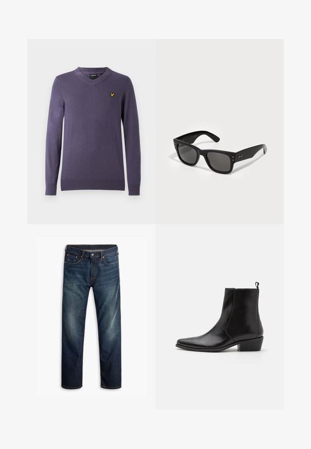 Lila V-Ausschnitt-Pullover aus weichem Stoff. Verfügt über lange Ärmel, gerippte Bündchen und Saum, mit einem kleinen gelben Logo auf der linken Brust.; Dunkelblaue Jeans aus Denim mit leichtem Verblassen an den Oberschenkeln, Fünf-Taschen-Design, Knopfverschluss und sichtbaren orangen Nähten auf weißem Hintergrund.; Zign LEATHER - Cowboy-/Bikerstiefelette - black; Schwarze Sonnenbrille mit quadratischem Rahmen, ausgestattet mit dunklen Gläsern. Akzentuiert mit kleinen goldfarbenen Punkten und einem goldenen Logo an den Bügeln. Weiße Oberfläche.