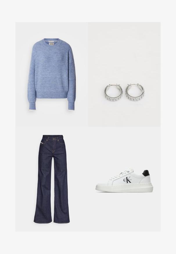 Jasnoniebieski sweter wykonany z miękkiego, teksturowanego materiału. Posiada okrągły dekolt i długie rękawy z ściągaczami. Minimalistyczny design.; Ciemnoniebieskie dżinsy szerokie w nogawkach wykonane z denimu, z wysokim stanem, z pomarańczowymi przeszyciami, pięcioma kieszeniami i zapięciem na guzik.; Białe sneakersy typu low-top z czarnym paskiem na pięcie, platformą, sznurowadłami i logo "CK" marki Calvin Klein na boku.; Srebrne kolczyki w kształcie obręczy o teksturowanym wzorze z pionowymi żłobieniami. Okrągły kształt z pewnym zapięciem. Gładkie wykończenie.