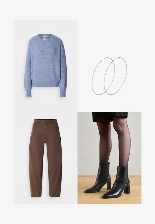 Hellblauer Pullover aus weichem, strukturiertem Material. Verfügt über einen Rundhalsausschnitt und lange Ärmel mit gerippten Bündchen. Minimalistisches Design.; Braune gerade geschnittene Hose mit vorderen Knopf und Reißverschluss, Gürtelschlaufen und Seitentaschen, dargestellt auf einem weißen Hintergrund.; Schwarze Leder-Ankle-Boots mit spitzer Zehenform, klobigem quadratischem Absatz und schlankem Design. Verfügt über elastische seitliche Einsätze für leichtes An- und Ausziehen.; Silberne Creolen mit minimalistischem Design. Rundform, glatte Oberfläche und dünnes Profil. Leichtgewichtig mit hochglänzender Oberfläche.