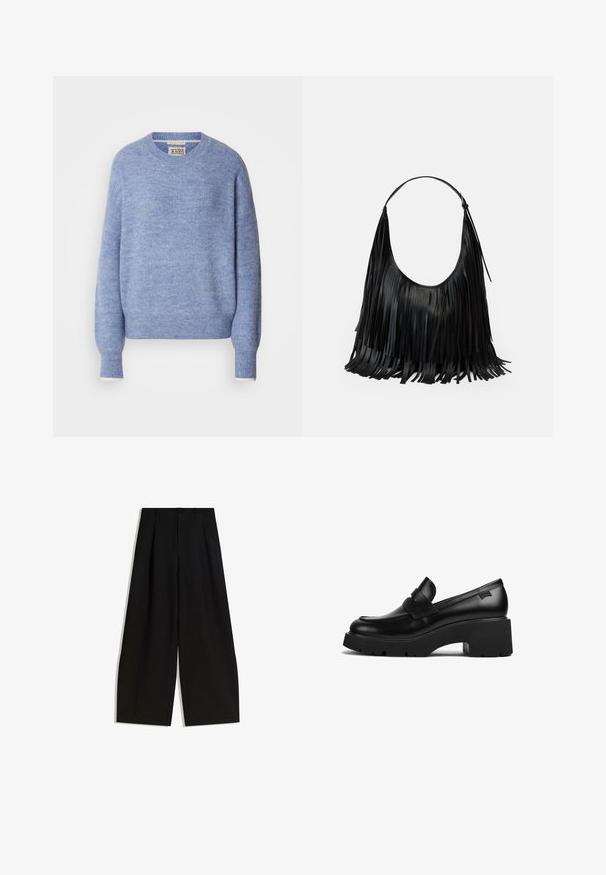 Lichtblauwe trui van zacht, gestructureerd materiaal. Kenmerkend zijn de ronde halslijn en lange mouwen met ribgebreide manchetten. Minimalistisch ontwerp.; Zwarte wijde pijpen broek van gladde stof, met een hoge taille, plooien aan de voorkant en geen zichtbare versieringen of patronen.; Zwarte leren loafers met chunky hak en dikke zool, met een banddetail over de bovenkant, zijaanzicht op een witte achtergrond.; Zwarte leren tas met franjes, gebogen vorm en een enkele schouderriem. Gladde textuur met een algeheel minimalistisch ontwerp.; Zilveren hoepel oorbellen met een minimalistisch ontwerp. Cirkelvormig, gladde textuur en dun profiel. Lichtgewicht met een gepolijste afwerking.