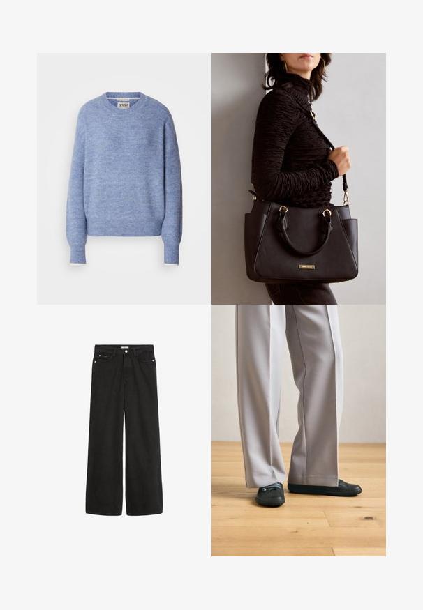 Világoskék pulóver puha, texturált anyagból. Kerek nyakkivágással és hosszú, bordázott mandzsettával ellátott ujjaival rendelkezik. Minimális dizájn.; Széles lábú fekete farmernadrág magas derékkal. Öt zseb, fémalkatrészek és letisztult kivitel jellemzi. A textúra sima és puha.; Széles szürke nadrágot és fekete slip-on cipőt viselő lábak kék fűzővel, egy világos fa padlón állva.; Fekete kézitáska texturált felülettel, dupla felső fogantyúval és állítható vállpánttal. Arany színű fém kiegészítők és oldalsó zsebek találhatók rajta.