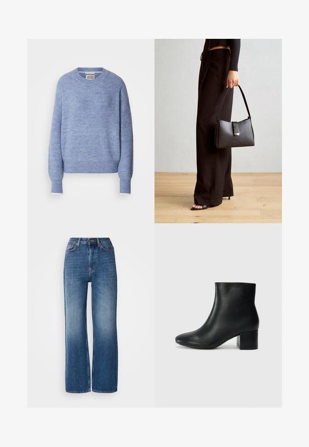 Világoskék pulóver puha, texturált anyagból. Kerek nyakkivágással és hosszú, bordázott mandzsettával ellátott ujjaival rendelkezik. Minimális dizájn.; Magas derekú, bő szárú kék farmernadrág, átmenetes mosással, réz varrással, elülső gombos záródással és öt zsebével.; Fekete bőr bokacsizma hegyes orral és vastag sarokkal. Sima felület minimális díszítéssel és karcsú, passzos kialakítással.; Fekete kézi táska strukturált formával, sima textúrával és fémből készült záródással. Széles fekete nadrággal és nyitott orrú szandállal párosítva, fából készült padlón.