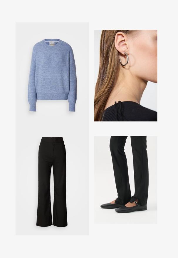 Light blue sweater made of soft, textured material. Features a crew neckline and long sleeves with ribbed cuffs. Minimalist design.; Black wide-leg trousers with a smooth texture, high waist, and a clean design. No visible pockets or embellishments.; Black leather ballet flats with a pointed toe, strap with silver buckle, paired with black tailored pants featuring a slit hem.; Silver hoop earring with a polished finish, featuring small gold accent details and a round shape, worn on the lobe.