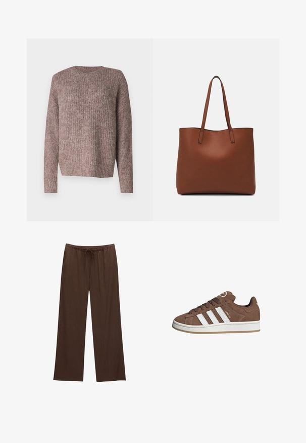 Brauner, gerippter Strickpullover mit langen Ärmeln und Rundhalsausschnitt. Lässige Passform und weiche Textur, geeignet für die Freizeit.; Braune weite Hosen aus weichem Stoff, mit einem elastischen Bund und Kordelzug sowie zwei Seitentaschen.; Braune Wildledersneaker mit weißen Lederstreifen, Gummisohle, gerundetem Zehenbereich und Schnürung. Mit einem Logo auf der Zunge und perforierten Akzenten.; Braune Leder-Tote mit glatter Textur, offenem Oberteil und zwei Schulterriemen. Verfügt über minimale Nähte und keine sichtbaren Beschläge.