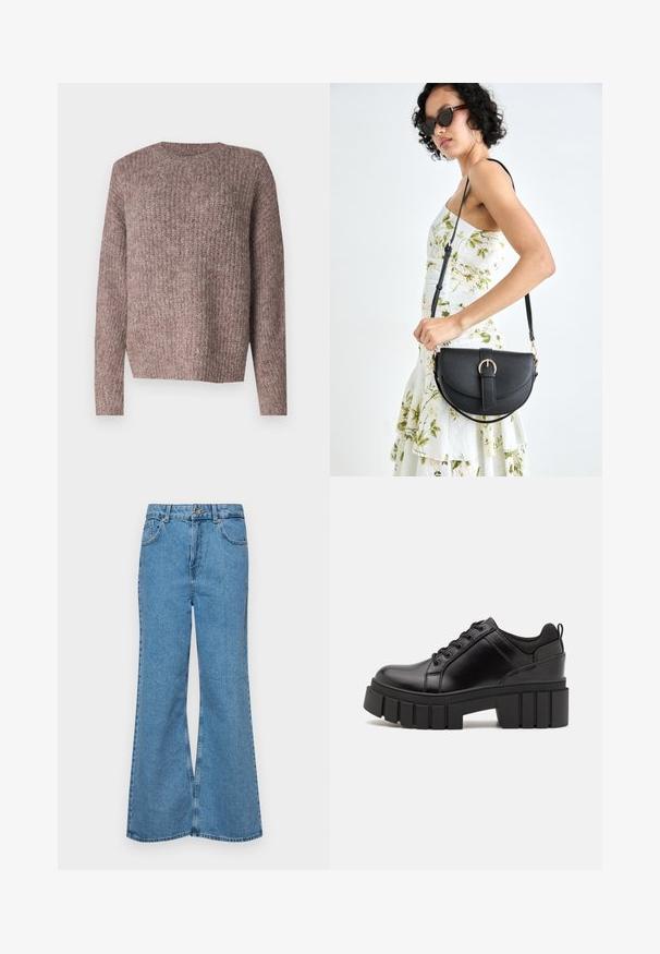 Brown, ribbed knit sweater with long sleeves and a crew neckline. Relaxed fit and soft texture, suitable for casual wear.; Light blue flared jeans made of denim, featuring a high waist, five pockets, and a single button closure. Soft texture with faded finish.; Black leather platform shoes with a chunky block heel, round toe, and traditional lace-up design. Features smooth texture and minimal detailing.; Black leather handbag with a curved shape, detachable strap, and gold hardware. The bag features a flap with a buckle detail.