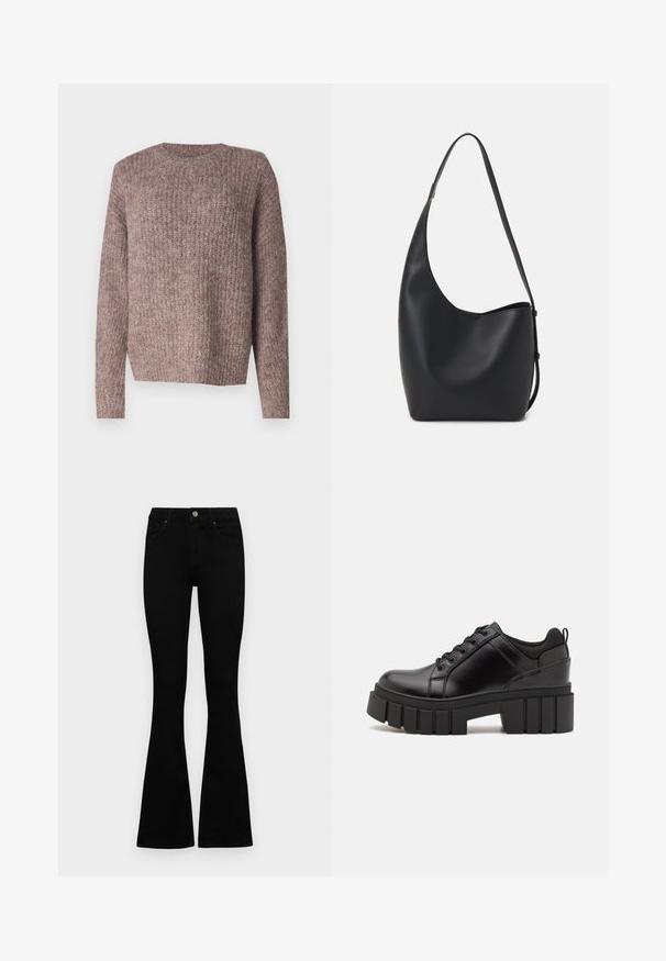 Pruun, ribakujuline kootud sviiter pikkade varrukatega ja ümmarguse kaelusega. Lõdva istuvus ja pehme tekstuur, sobilik igapäevaseks kandmiseks.; Mustad kõrge vöökohtadega teksad, millel on nööp ja lukuga sulgemine, esikäe taskud ja laienevad sääred, asetatud tasasele valgele taustale.; Must musta platvormsussid paksu plokkninal, ümmarguse varbaga ja traditsioonilise nööridega kinnitamisega. Sussid on sileda tekstuuriga ja minimaalsete detailidega.; Mustast nahast hobo kott, millel on sile tekstuur, kumer kuju ja üks reguleeritav rihm; peal on lai avaus.